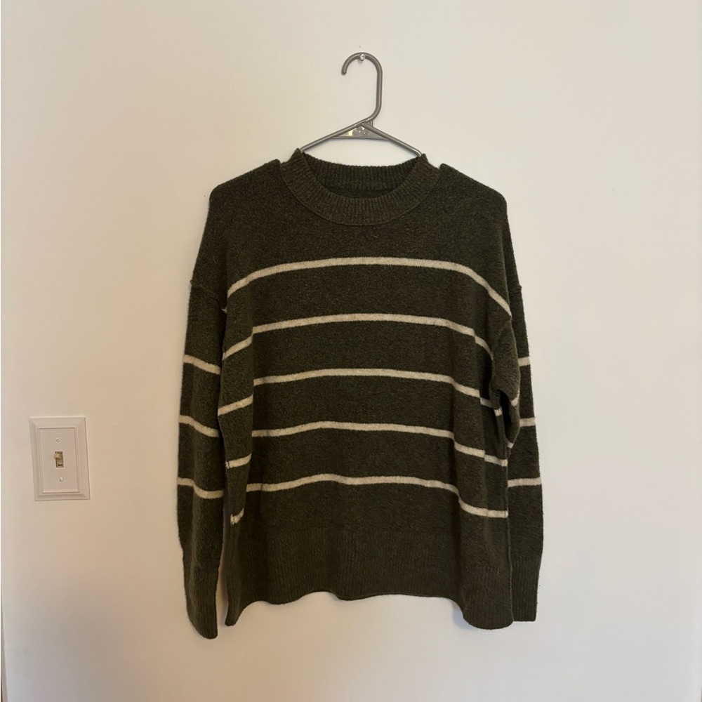 Aerie Olive Green Striped Crewneck Sweater